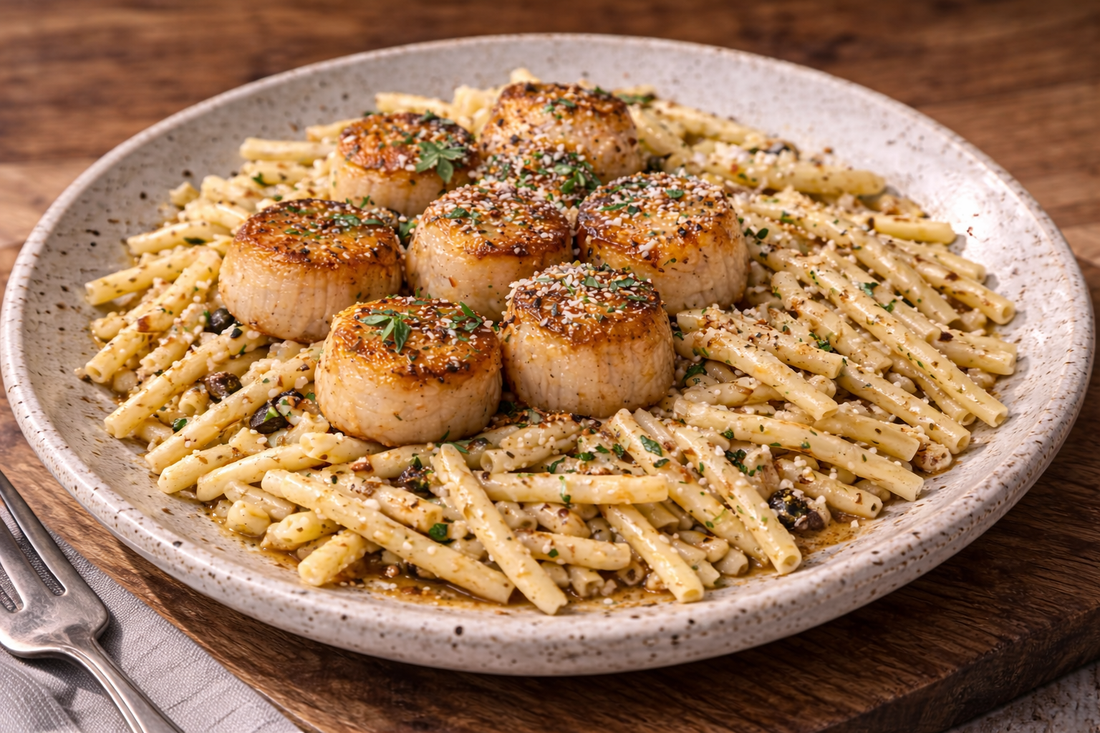 Pan-Seared Scallops with Truffle Tartufata Pasta