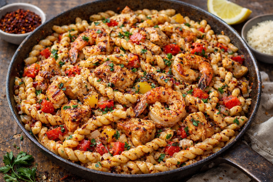 Cajun Aleppo Chicken & Shrimp Busiate Pasta