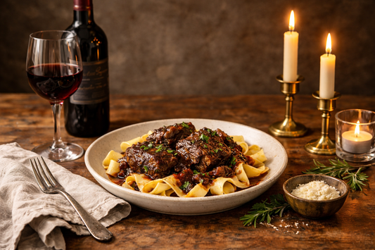 Red Wine–Braised Short Ribs Over Organic Italian Pappardelle